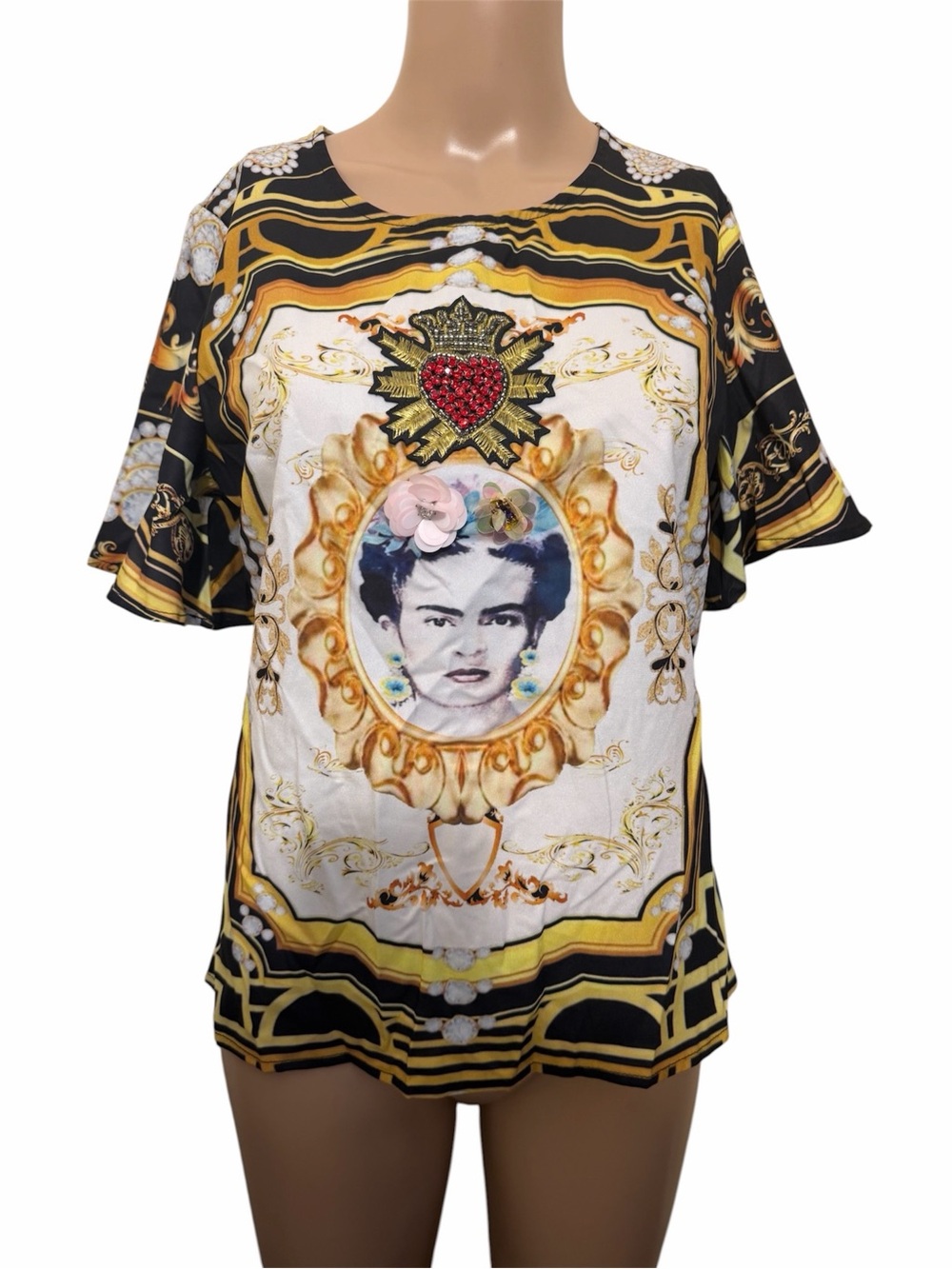 Sitting Pretty Frida Kahlo Embellished Graphic Top Baroque Print Blouse